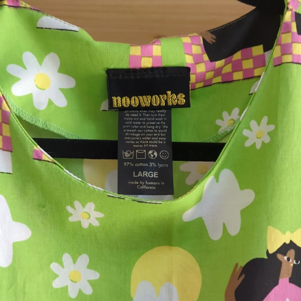 Nooworks Bright Lime Green Novelty Midi Dress with Black & Pink Motif - Picture 2 of 5